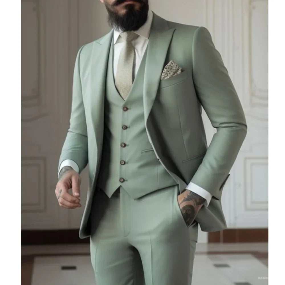 Trajes de 3 piezas entallados para hombre en color verde salvia (chaqueta, chaleco y pantalón), para bodas, novios, bailes de graduación, fiestas formales, blazers.