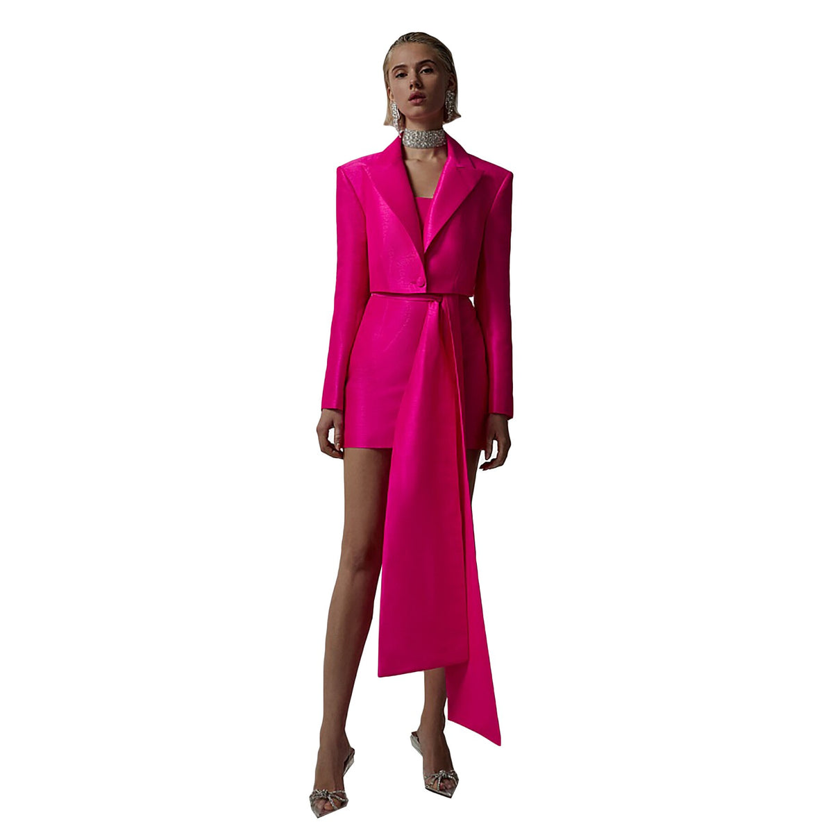 Blazer en satin de soie pour femme, veste courte, grand nœud, jupe de soirée, tenue de mariage, ample, deux pièces 