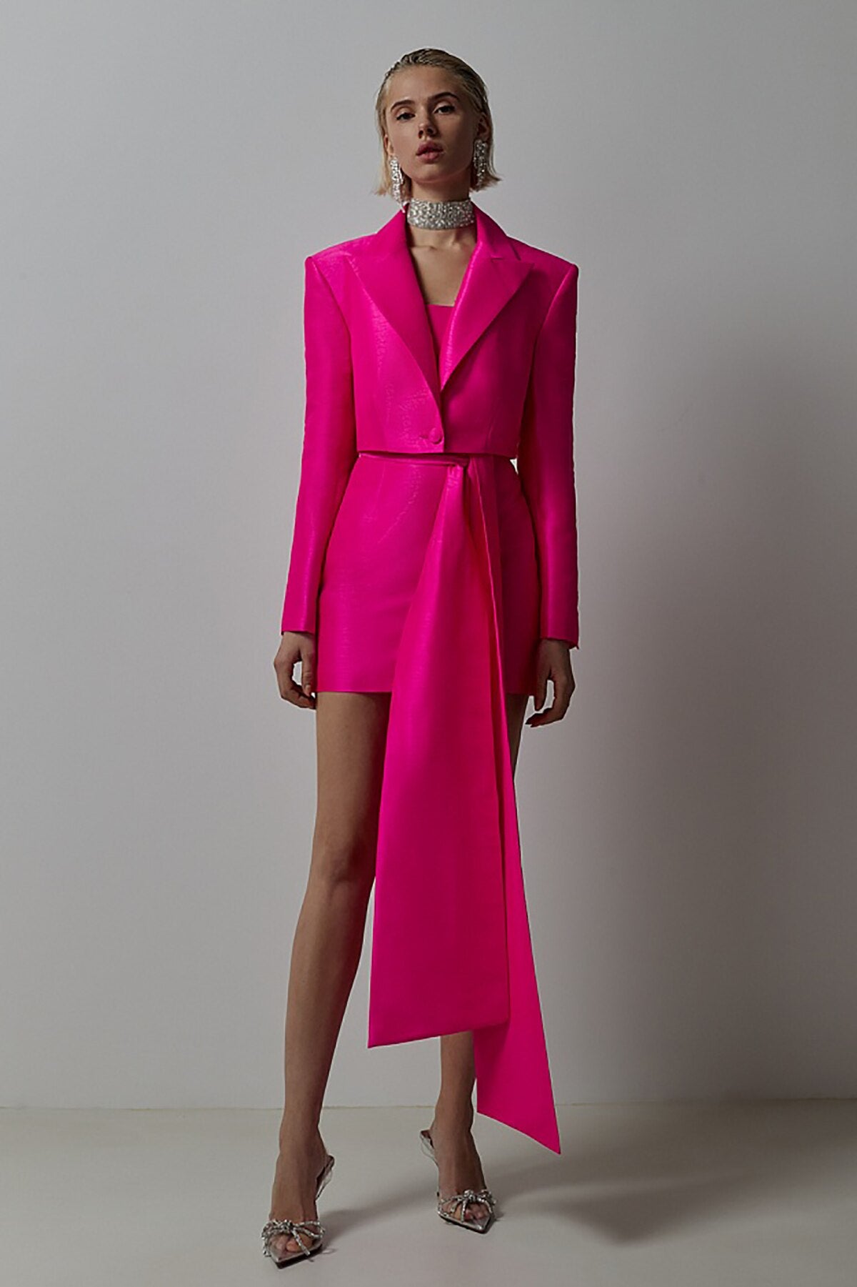 Blazer en satin de soie pour femme, veste courte, grand nœud, jupe de soirée, tenue de mariage, ample, deux pièces 