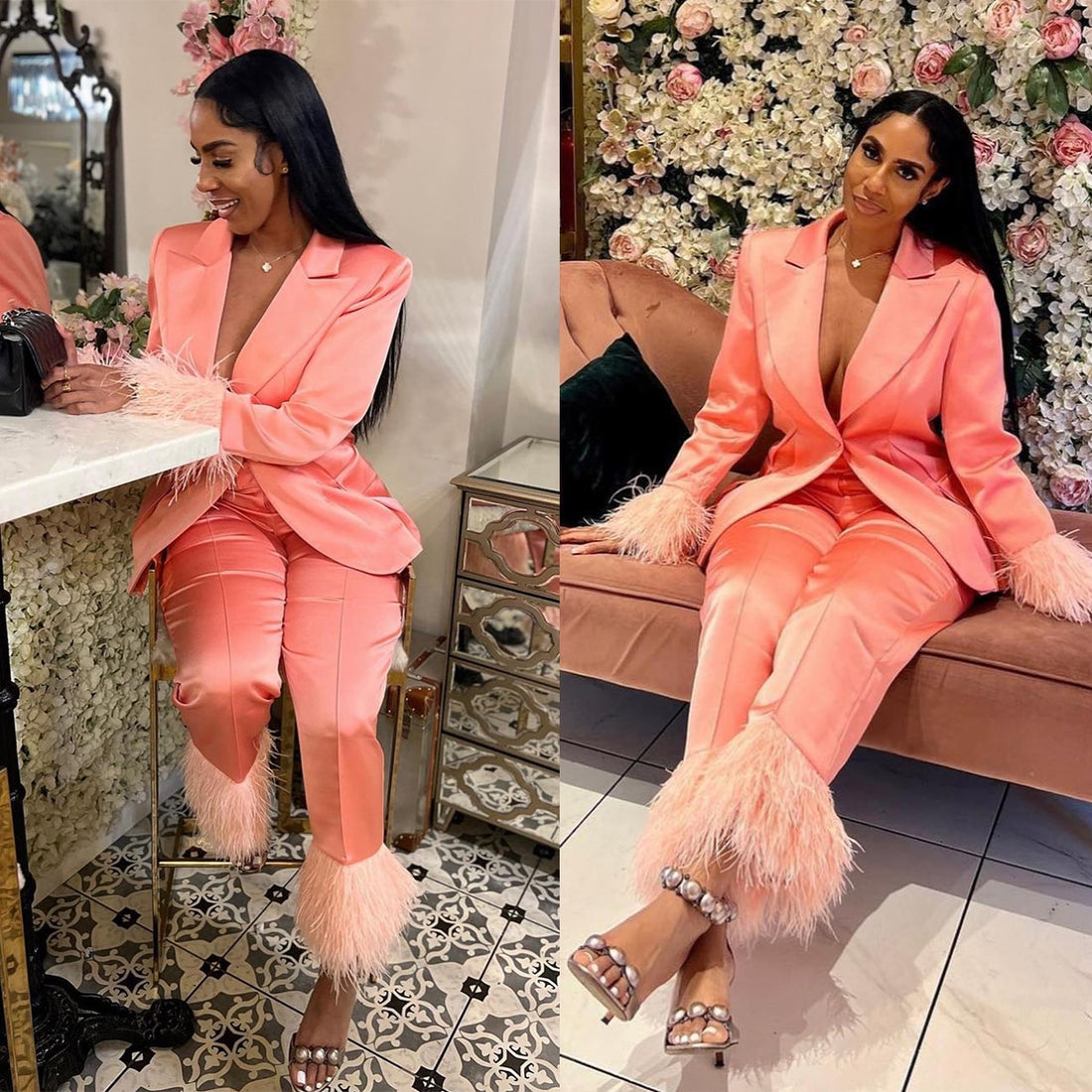Trajes de pantalón de satén a medida para mujer, de plumas de avestruz, para baile de graduación, formales para boda, 2 piezas 