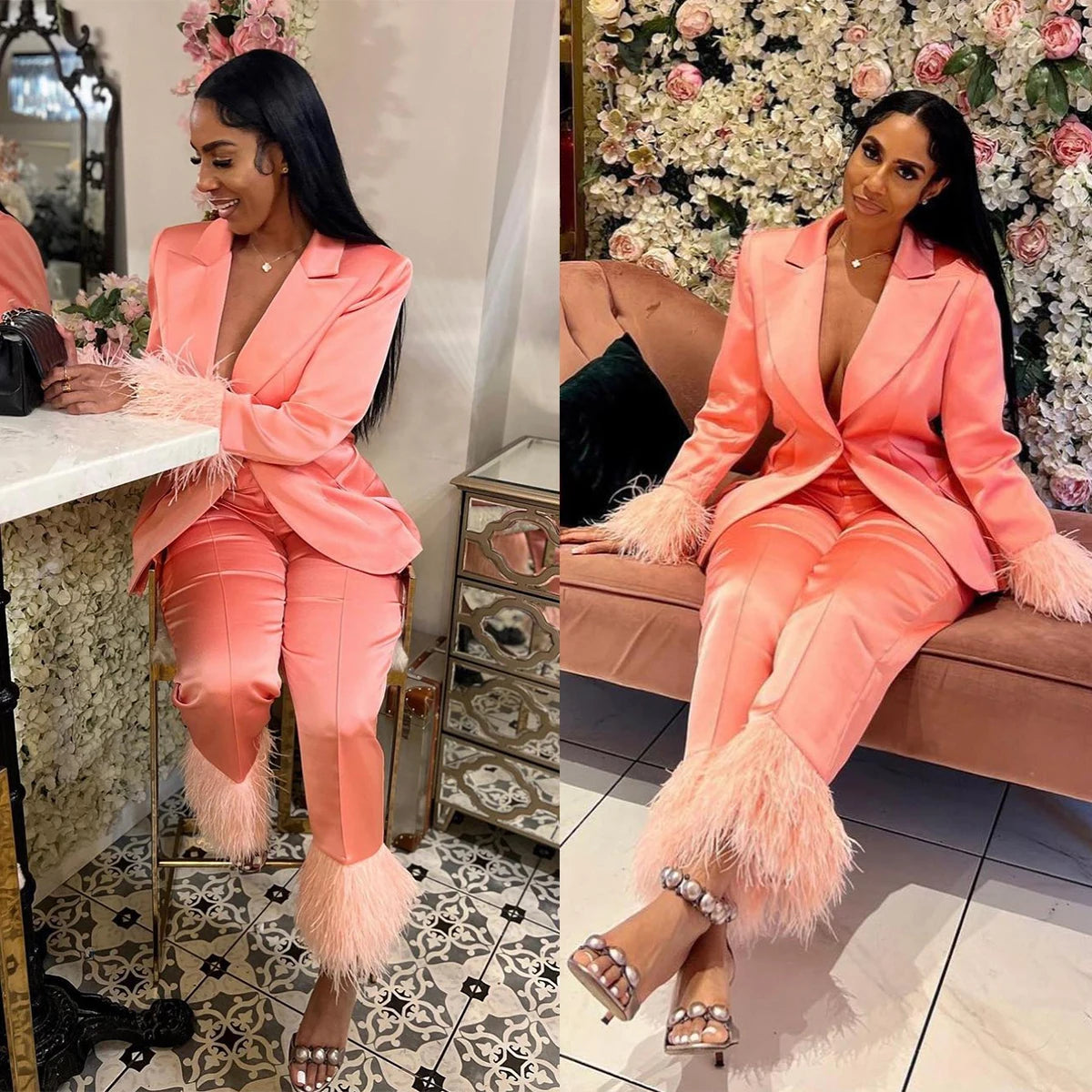Trajes de pantalón de satén a medida para mujer, con plumas de avestruz, para graduación, para invitados formales de boda, 2 piezas 