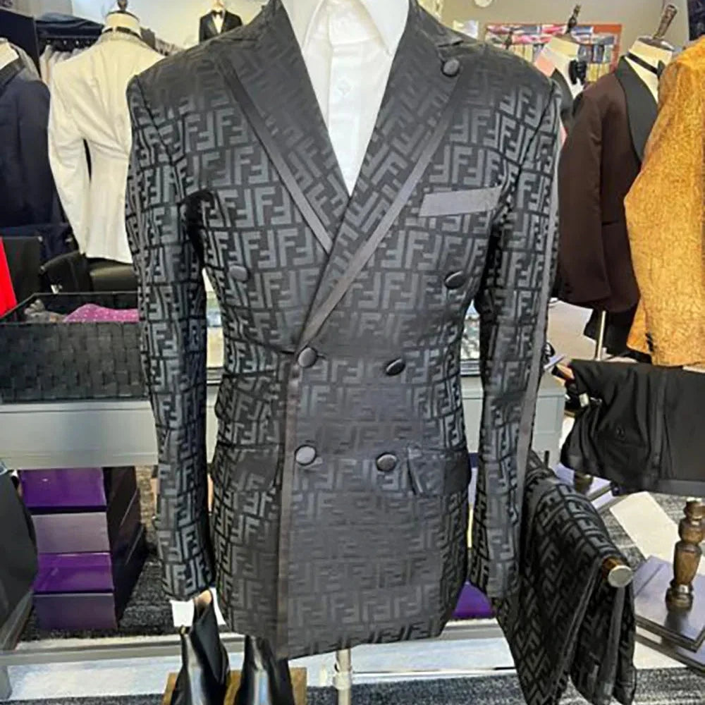 Costume de marié noir de luxe à double boutonnage pour homme, coupe cintrée, ensemble blazer 2 pièces pour fête formelle
