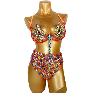 Nuevo disfraz de carnaval de samba para mujer, sujetador de alambre sexy, top y pantalones de cintura alta, conjunto de 2 piezas, piedra de color AB para fiestas, bailes, clubwear 