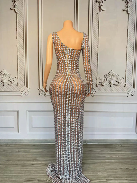 Luxurious Rhinestones Evening Party Birthday Celebrate Dress Women Sexy Mesh Transparent High Split Dress Singer Stage Wear