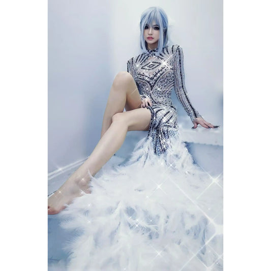 Sexy Stage Costumes Diamond Feather Trailing Dress Nightclub Bar Dj Performance Singer Gogo Dancer Festival Clothes