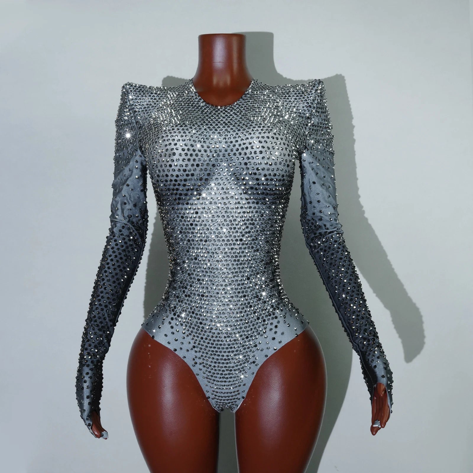 Sparkly Silver Rhinestones Long Sleeve Bodysuit Women Sexy Performance Dance Costume Dancer Nightclub Stage Photoshoot Outfit