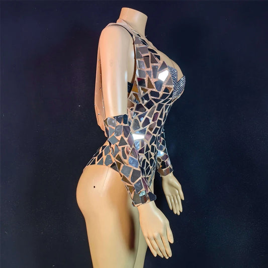 Women Group Jazz Dance Outfit Mirrors Bodysuit Rhinestones Bra Nightclub Ds Dj Gogo Dance Costume Stage Rave Outfits