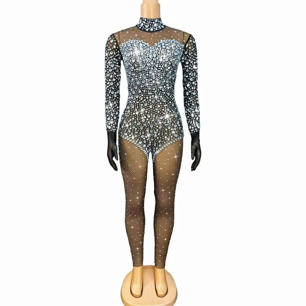 Luxurious Twinkling Silver Rhinestones Sexy Grid Print Mesh Jumpsuit Fashion Show Club Outfit Performance Photoshoot Stage Wear