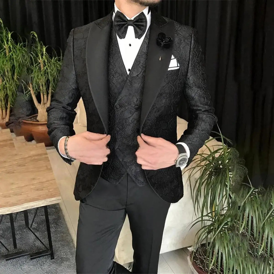 Costume jacquard noir formel pour homme, ensemble 3 pièces, smoking de marié, coupe cintrée, blazer de bureau, costume homme
