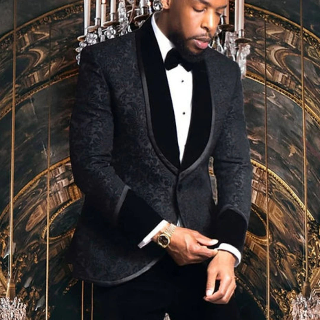 Jacquad Men Suits for Wedding Groom Tuxedo Slim Fit Formal Business Blazer Banquet 2 Pieces Floral Suit Jacket with Pants