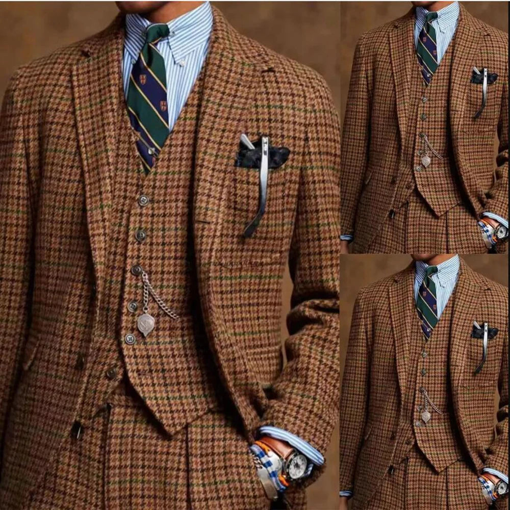 Trajes vintage para hombre, chaqueta de negocios de un solo pecho, personalizado, con estampado de pata de gallo a cuadros, de 3 piezas, para hombre, para fiesta diaria, para novio, esmoquin.
