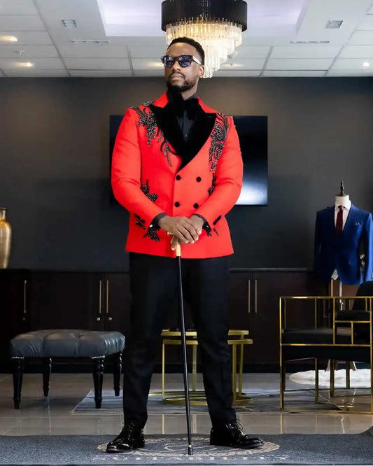 Fashion Appliques Wedding Suits for Groom Peaked Lapel Tuxedos Double Breasted 2 Pcs Jacket with Pants Party Customized