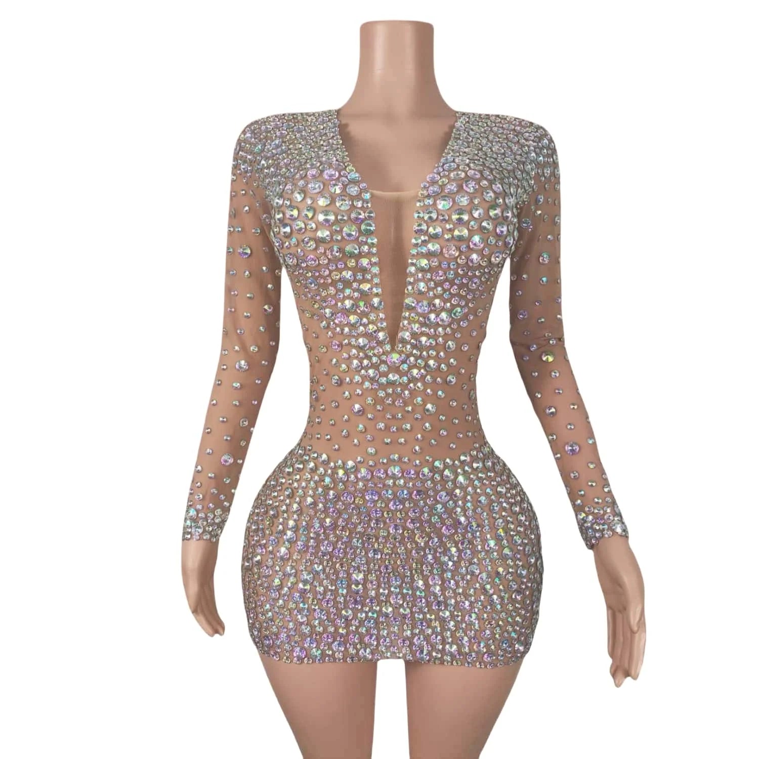 Luxurious Full Diamonds Short Dress for Women Evening Prom Celebrate Dress Sexy Mesh Transparent Singer Show Stage Wear