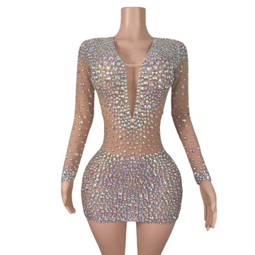 Luxurious Full Diamonds Short Dress for Women Evening Prom Celebrate Dress Sexy Mesh Transparent Singer Show Stage Wear
