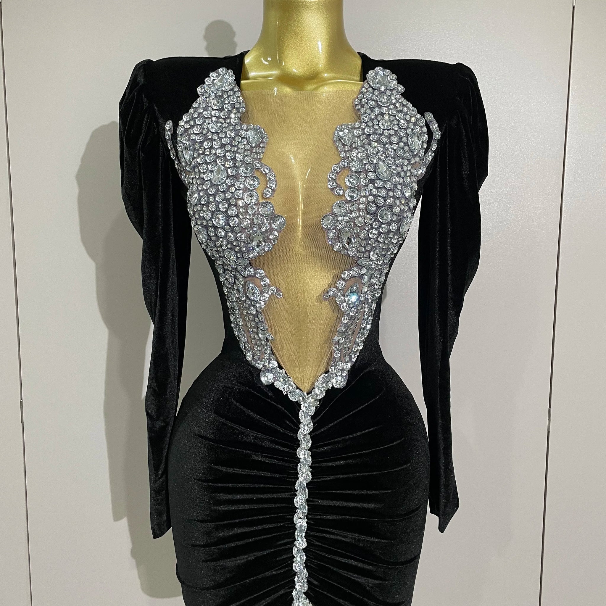 Sparkly Crystals Sexy Mesh Black Velvet Short Dress Women Elegant Evening Prom Luxury Birthday Party Dresses Stage Costume