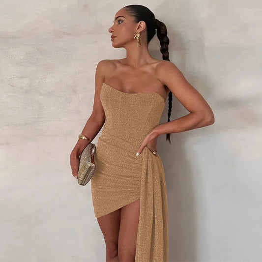 Women Solid  Dress Strapless Bright Silk Asymmetric Skirt Hem Dress Sexy Luxury Evening Skirt Fit Hip Wrap Skirt  Y2k Dress