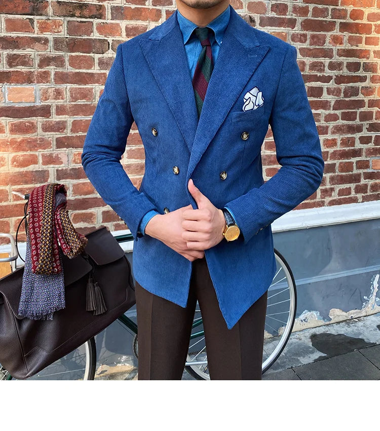 Blazer croisé élégant en velours côtelé bleu pour homme – Veste de costume slim de luxe pour mariages, dîners et événements spéciaux