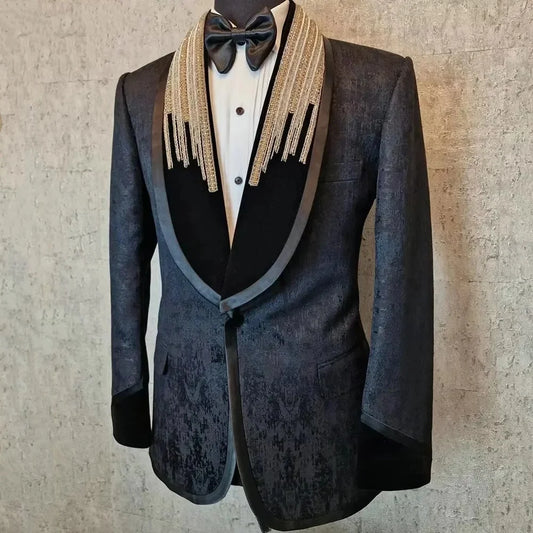 Fashion Beaded Wedding Tuxedos Black Jacquard One Button Men Suits Shawl Lapel 1 Piece Set Jacket Groom Blazers Customized