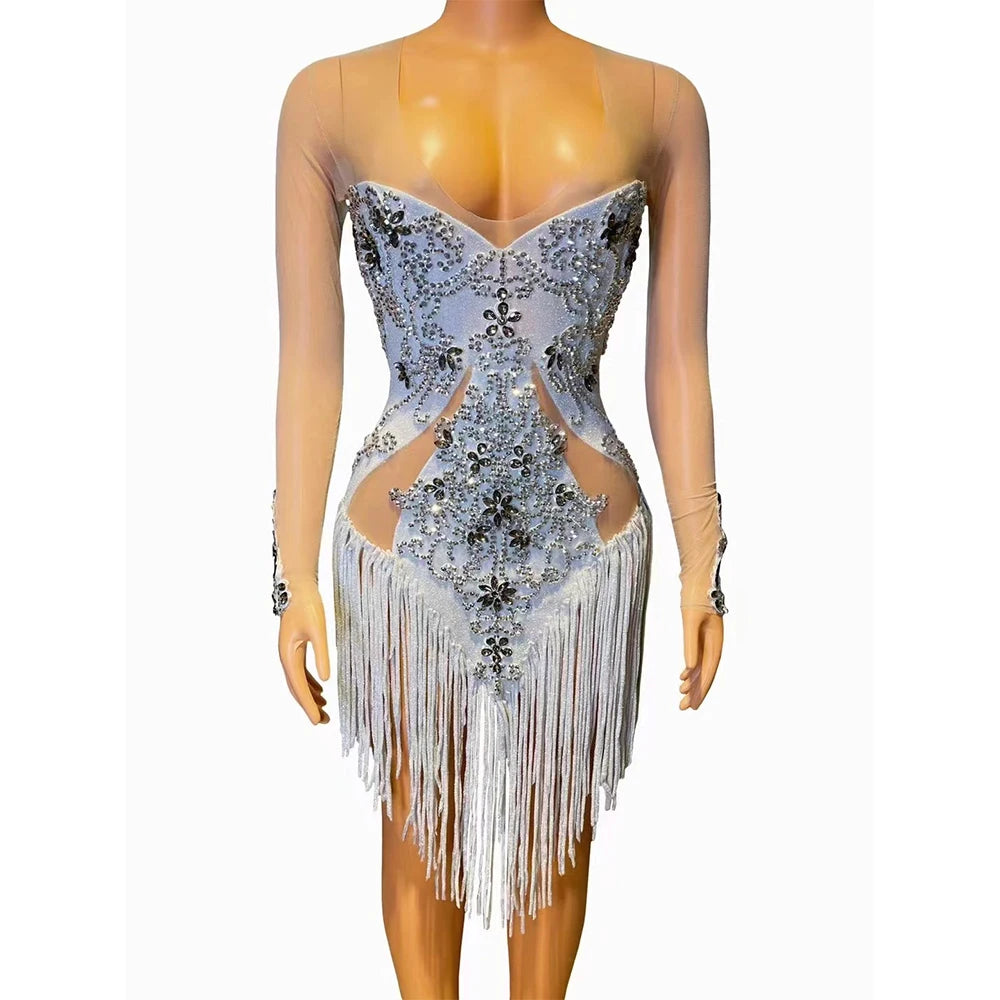 Sexy Fringe Rhinestone Women Birthday Dress Nightclub wear Singer Dancer Pageant Stage Wear Stunning Drag Queen Photoshoot Dress
