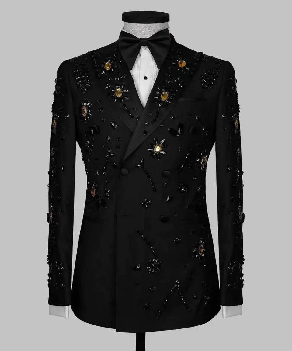 Luxurious Beaded Wedding Tuxedos Crystal 2 Piece Set Jacket Pants Men Suits Double Breasted Groom Wear Party Suit Customized