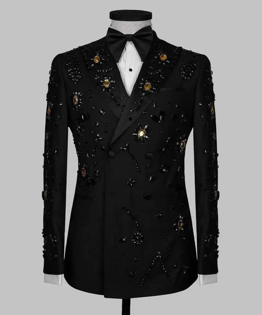 Luxurious Beaded Wedding Tuxedos Crystal 2 Piece Set Jacket Pants Men Suits Double Breasted Groom Wear Party Suit Customized