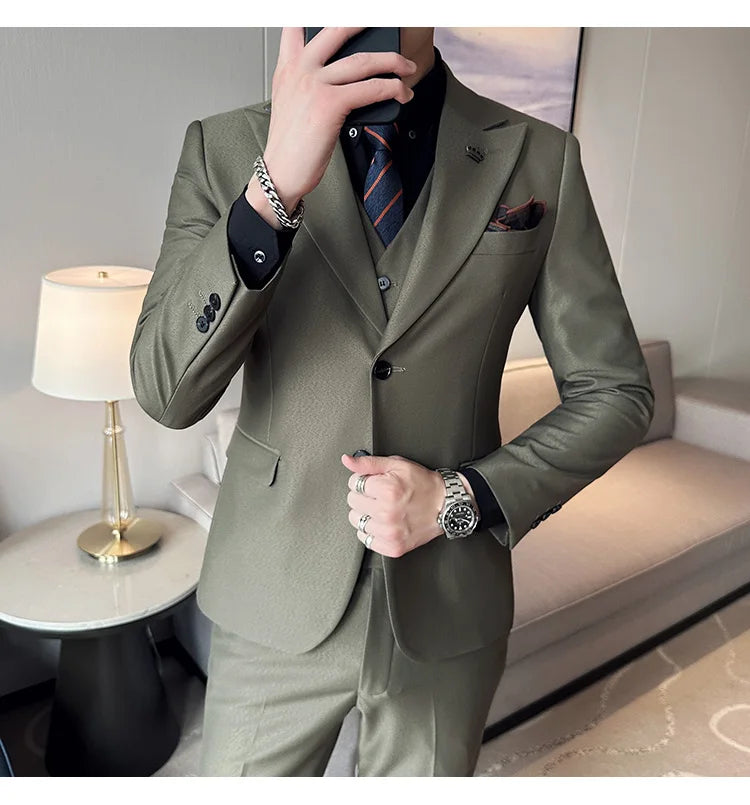 (Chaqueta + chaleco + pantalones) Traje de lujo de primavera para hombre, traje formal para novio, esmoquin de boda, traje ajustado para fiesta de trabajo, 3 piezas