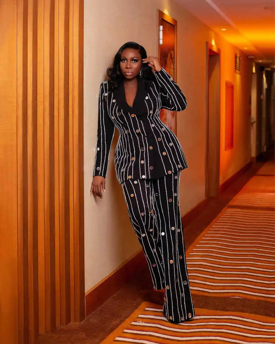 Sequined Women Pants Suits Customized Plus Size Lady Prom Evening Guest Formal Party Wear Custom Made Jacket 2 Pieces