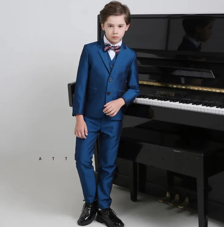 Boys Navy Blue Formal Suit Three Piece Outfit with Striped Bow Tie