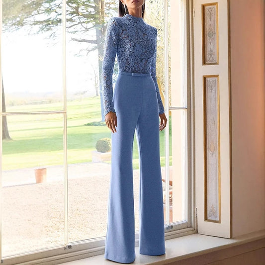 Jacquard Lace High-waisted Women Jumpsuit Embroidery Crochet Office Straight Playsuit Sexy See Through Hollow Flare Pants Romper