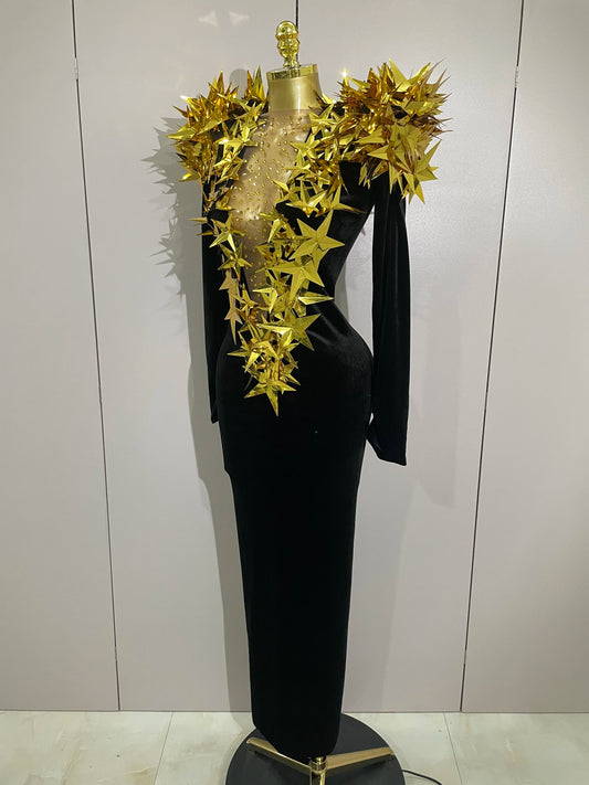 New Shiny Gold Star Rhinestone Velvet Long Dress Women Evening Birthday Party Club Gala Hosts NightClub Bar Stage Costumes