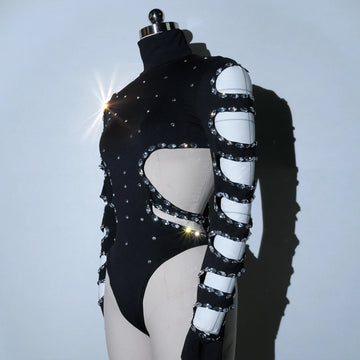 Sexy Hollowed Out Design Black Sparkling Rhinestones Party Bar Dancer Singer Stage Accessories Bodysuit Performance Stage Wear
