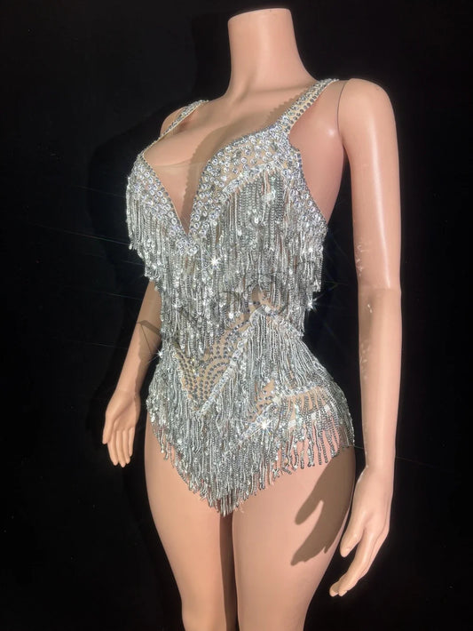 Tenue de scène à strass et paillettes avec pompons pour femme, body sexy transparent, costume de danse pour chanteuse et danseuse 
