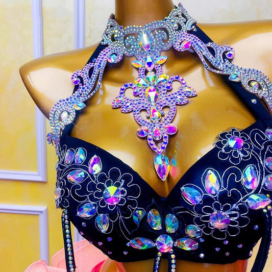 Latin Belly Dance Special Neck Hanging Colorful Necklace with Back Oriental Dance Performance Dress Chest Chain Accessories