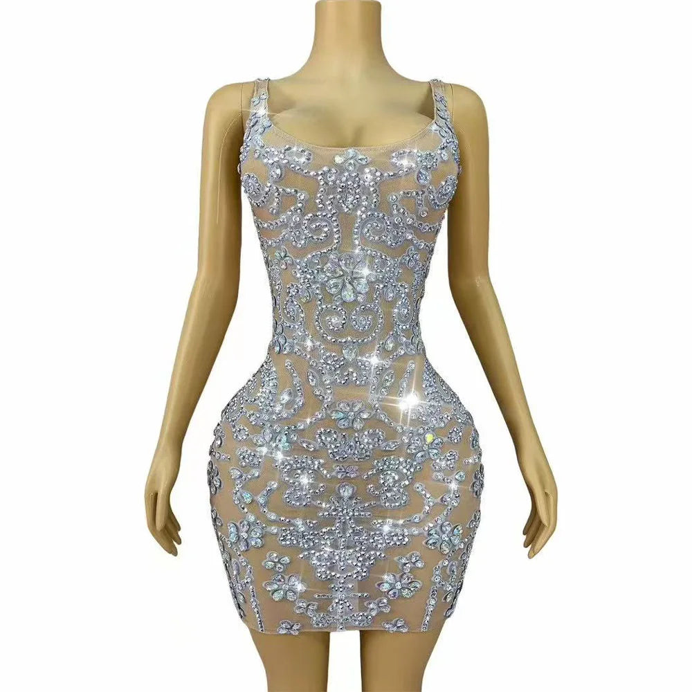 Sexy Stage Elegant Party Flashing Rhinestones Transparent Mesh Short Dress Evening Birthday Celebrate Outfit Photoshoot Costume