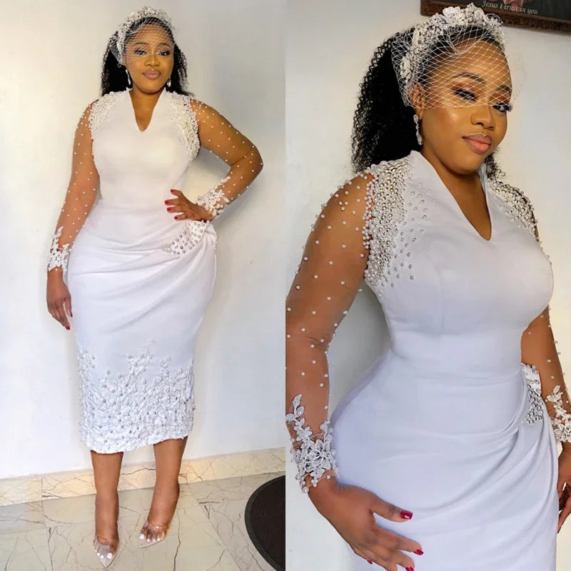 Customized V Neck Shinny Pearls Short Wedding Dress For Bride African Plus Size Illusion Full Sleeves Tea Length Bridal Gown