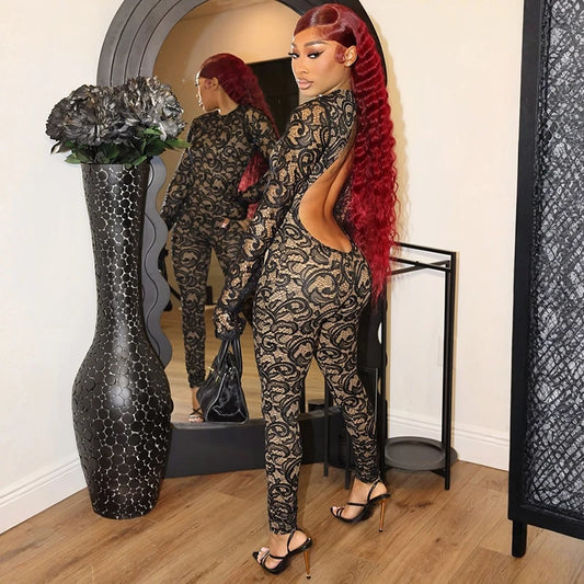 Women'S Sexy Round Neck Pullover Lace Patchwork Lining Button Backless Long Sleeve See Through Slim Bundle Leg Jumpsuit