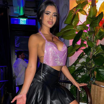 Shiny Rhinestone Sequins Tank Top Sexy Backless Halter Metallic Strap Crop Tops Rave Festival Club Women Outfits Top