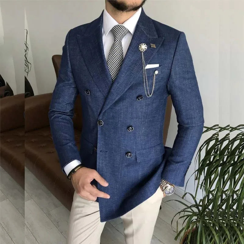 Trajes elegantes para hombre, personalizados, formales, de doble botonadura, con solapa de pico, corte entallado, para fiesta de graduación, blazer vaquero, chaqueta de 2 piezas, pantalones