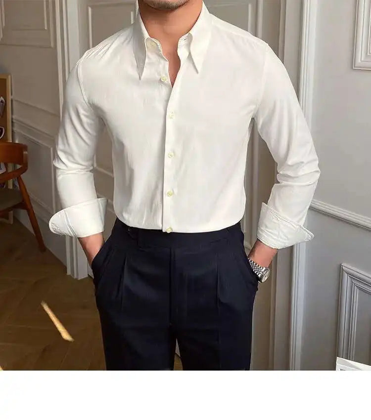 Leisure British Business Shirt Design British Men Cuba Collar Slim Solid White Shirt Camisa Social Masculina Men Shirt