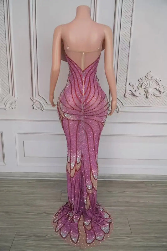 Luxurious Rhinestones Long Dress Women Sexy Mesh Transparent Celebrate Evening Prom Birthday Red Carpet Dress Photoshoot Wear