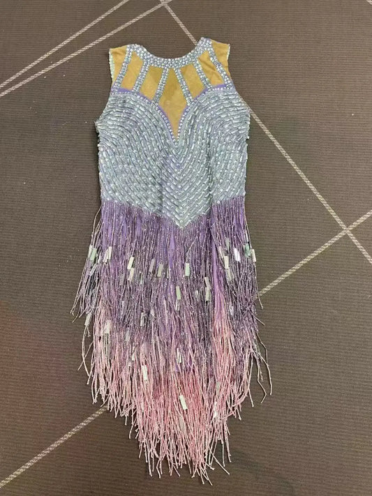 Sexy Luxurious Birthday Celebrate Rhinestones Purple Pink Tassels Sequins Fringes Sleeveless Bodysuit Photoshoot Stage Wear
