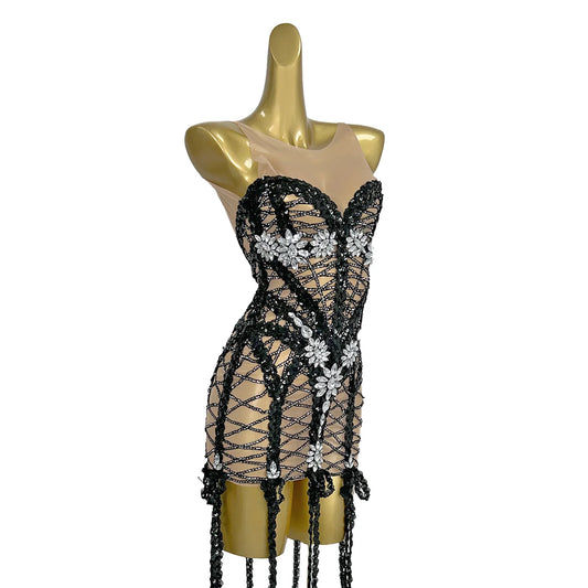 Sexy Transparent Rhinestones Black Sequins Bodycon Short Dress Women Party Celebriate Birthday Dress Show Stage Wear