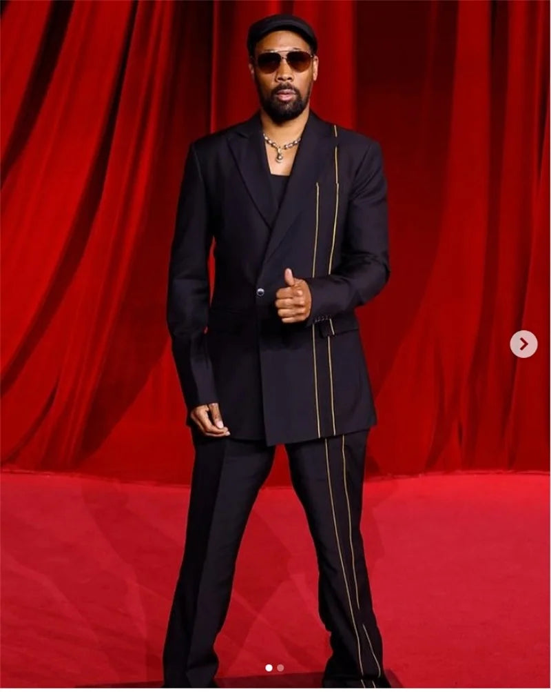 Black Men Suit Set 2 Piece Blazer+Pants Trousers Customized Formal Office Business Jacket Yellow Stripe Prom Wedding Tuxedo Coat