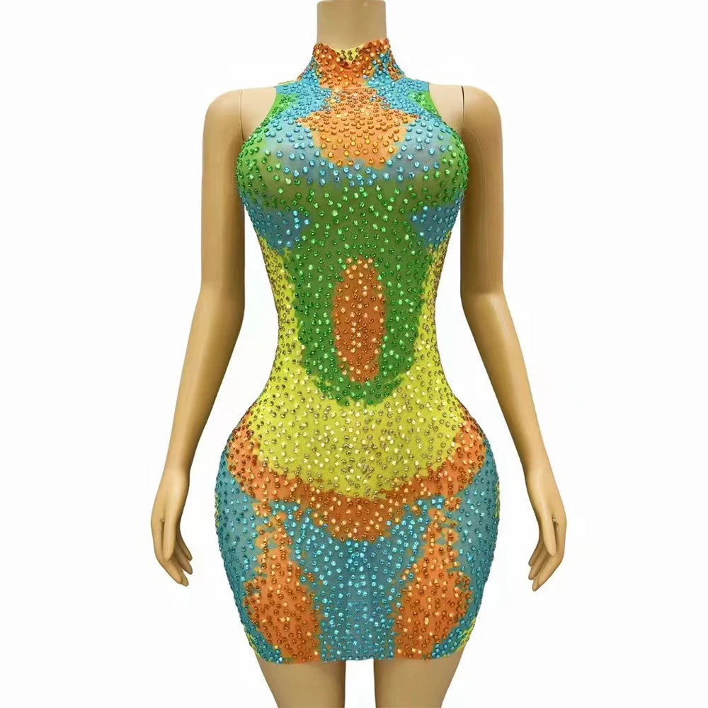 Sexy Stage Yellow Green Rhinestones Sleeveless Dress Woman Dance Outfit Birthday Party Club Dance Photoshoot Costume