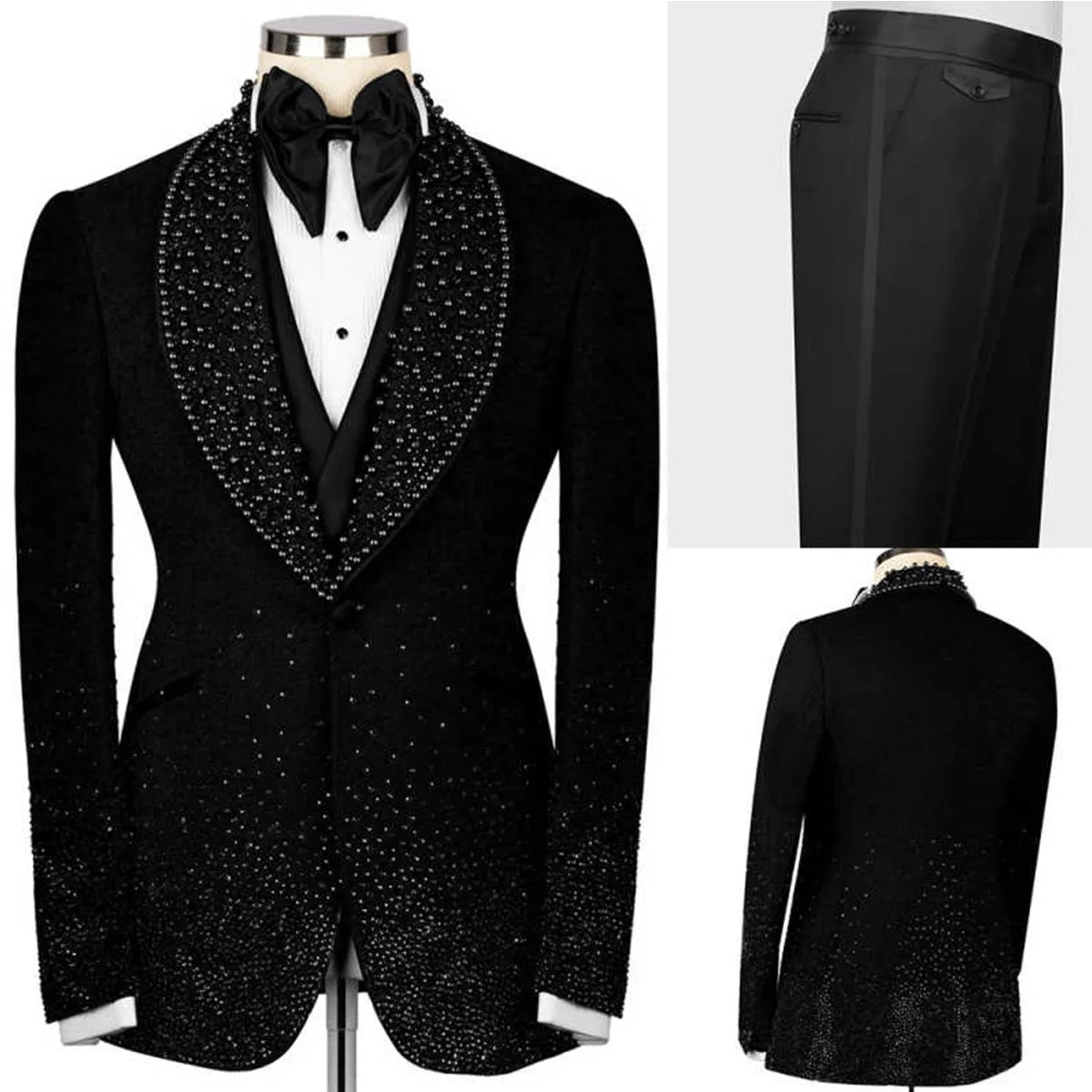 Customized Handsome Rhinestone Men Suits 2 Piece Sets Male Prom Blazer Shawl Lapel Slim Fit Groom Wedding Tuxedos