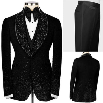 Customized Handsome Rhinestone Men Suits 2 Piece Sets Male Prom Blazer Shawl Lapel Ropa Hombre Slim Fit Groom Wedding Tuxedos