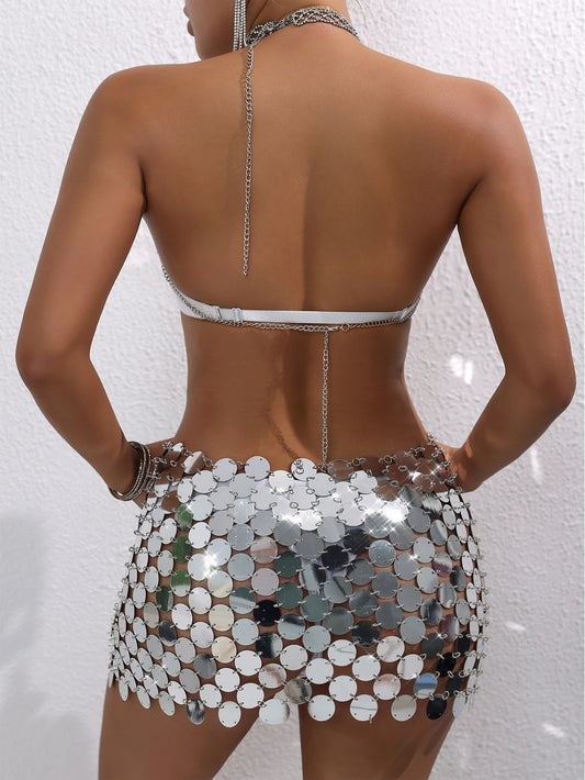 Robe d'été sexy transparente à paillettes métalliques pour femmes, dos nu, tenue de soirée moulante, de plage, de club, d'anniversaire, mini 