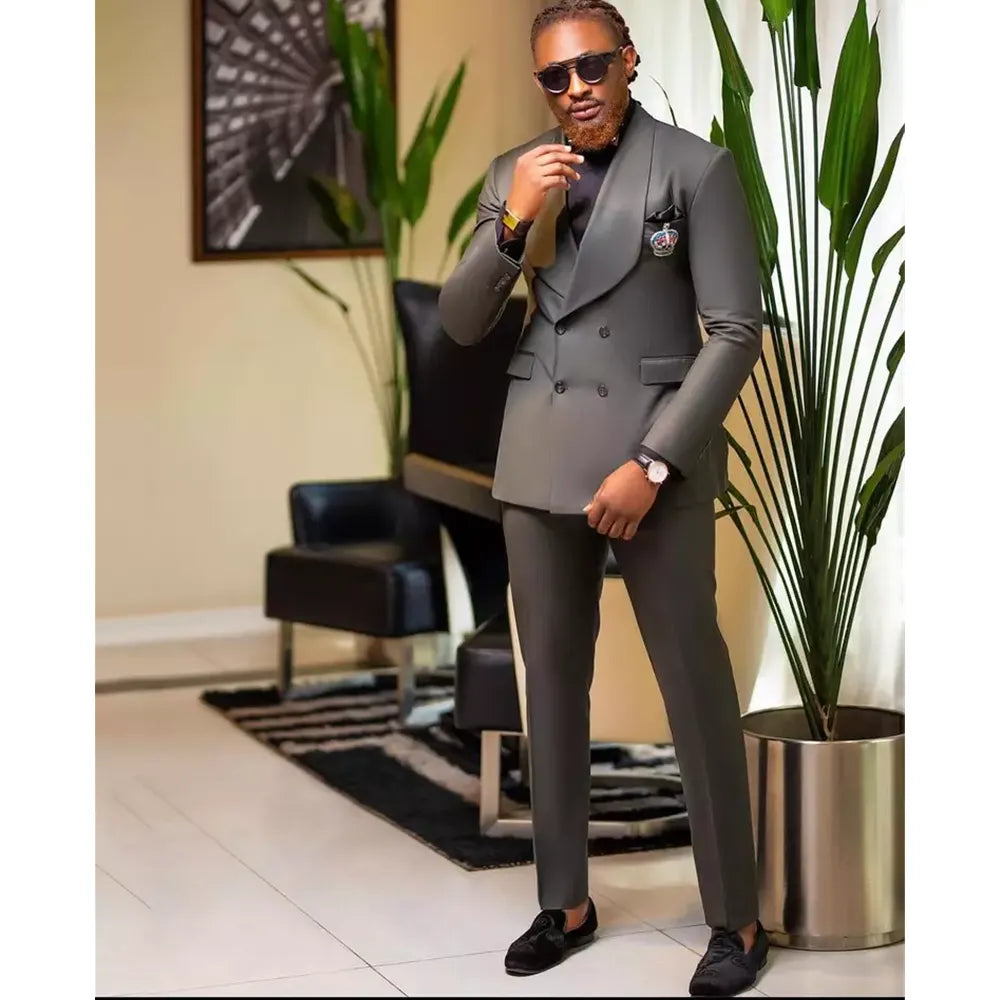 Conjuntos de chaqueta gris, ropa para hombre, blazer cruzado, trajes de boda para hombre, abrigo, pantalón, trajes de estilo empresarial.