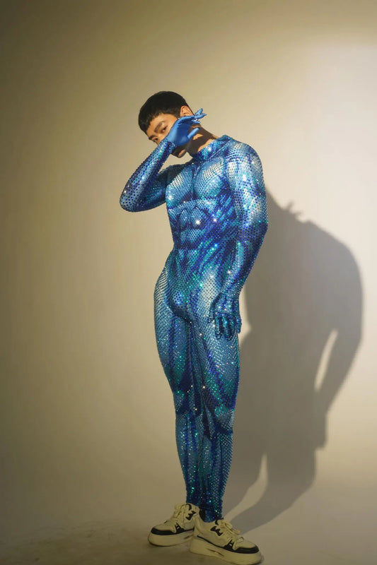 Sexy Blue Full Rhinestones Stretch Men Dance Jumpsuit Prom Dancer Singer Costume Evening Birthday Show Leggings Outfit