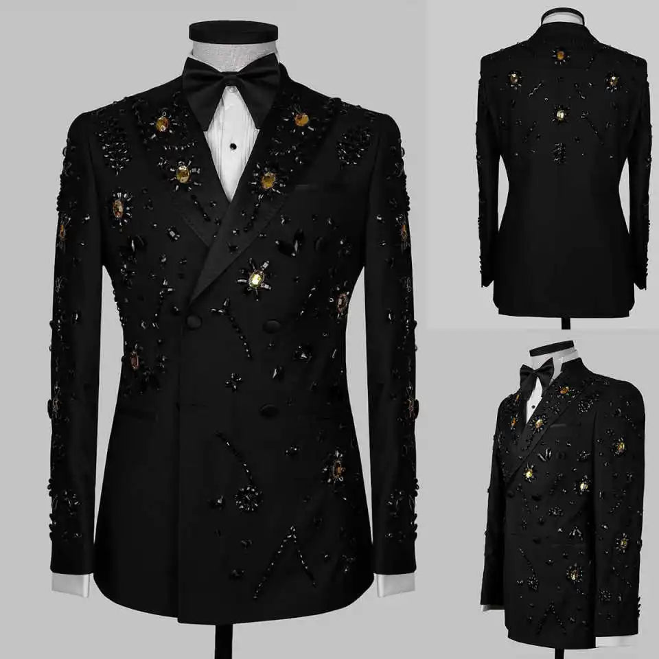 Luxurious Beaded Wedding Tuxedos Crystal 2 Piece Set Jacket Pants Men Suits Double Breasted Groom Wear Party Suit Customized